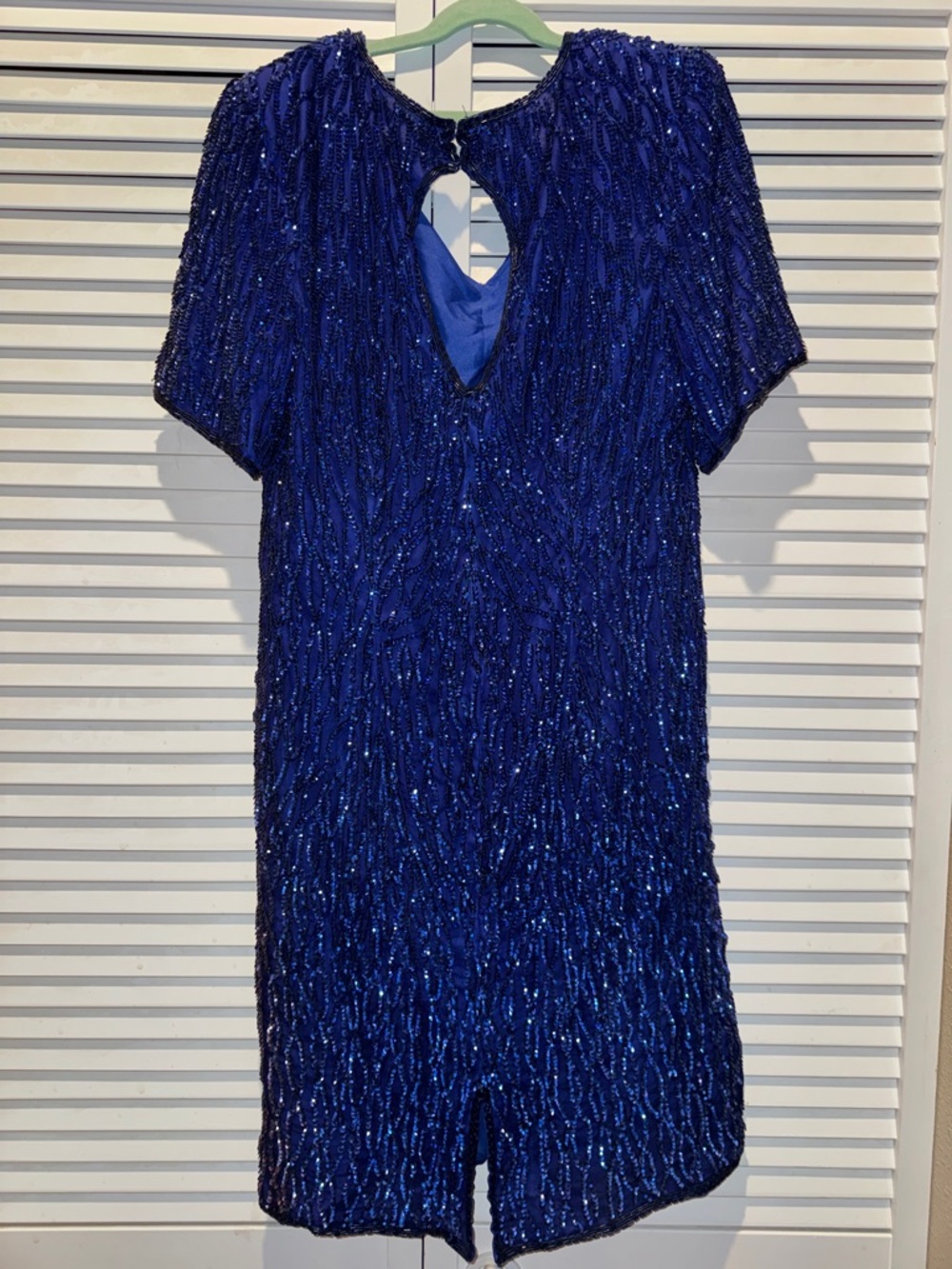 Elegant Beaded Royal Blue V-Neck Women's Dress - Picture 4 of 8
